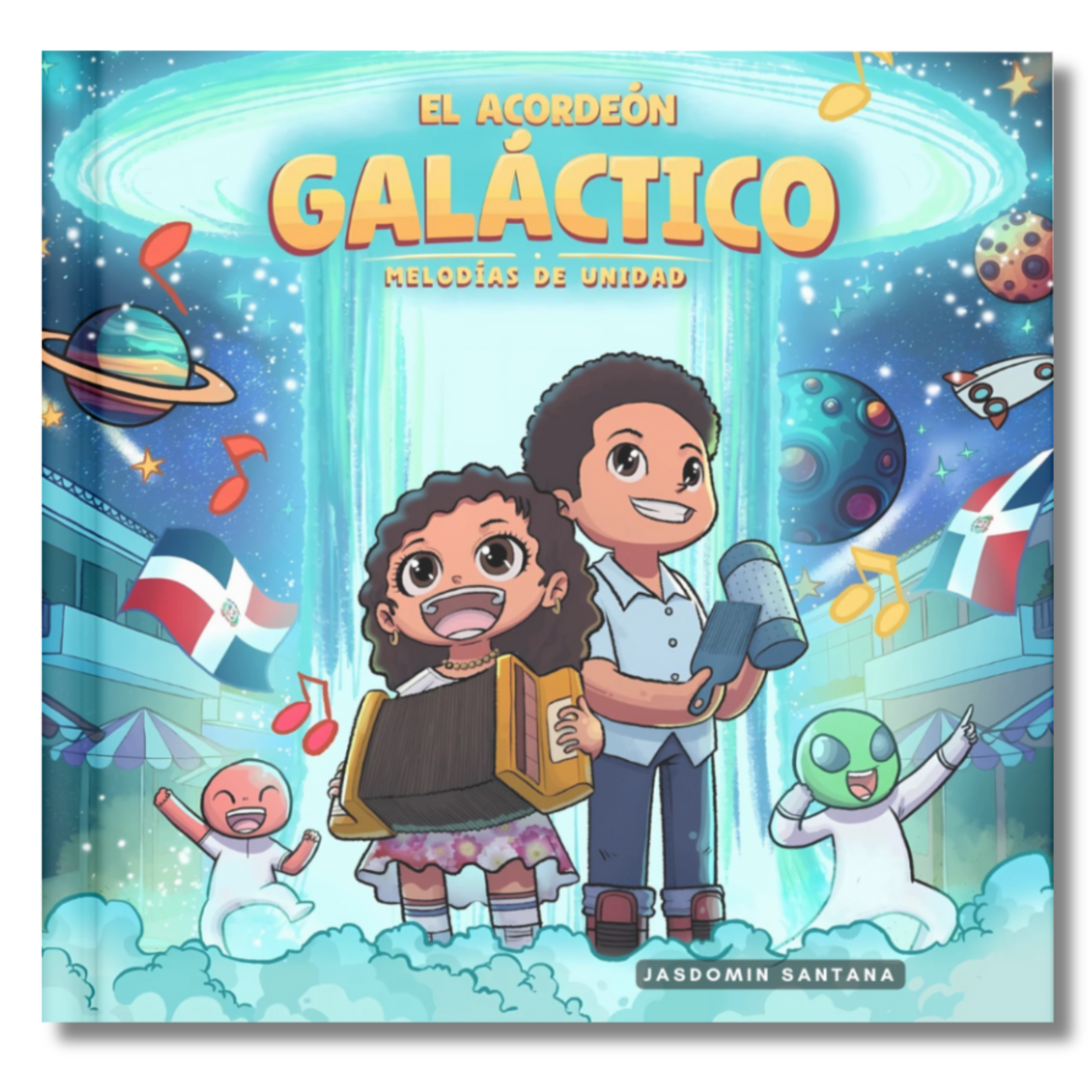 Colorful children's book cover featuring two animated kids playing Dominican instruments with a cosmic background.